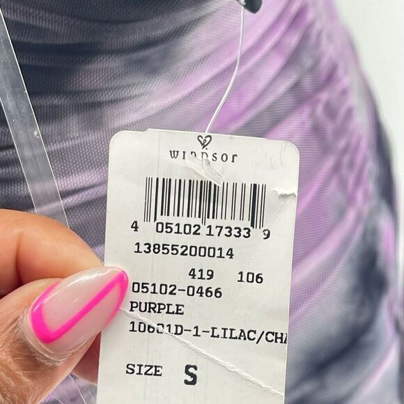 Windsor Groovy Baby Tie Dye Mesh Ruched Mini Dress Purple Gray Small NWT - Picture 15 of 17
